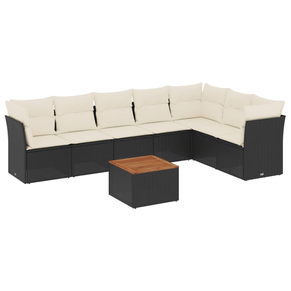 8-piece garden sofa set with cushions, black poly rattan
