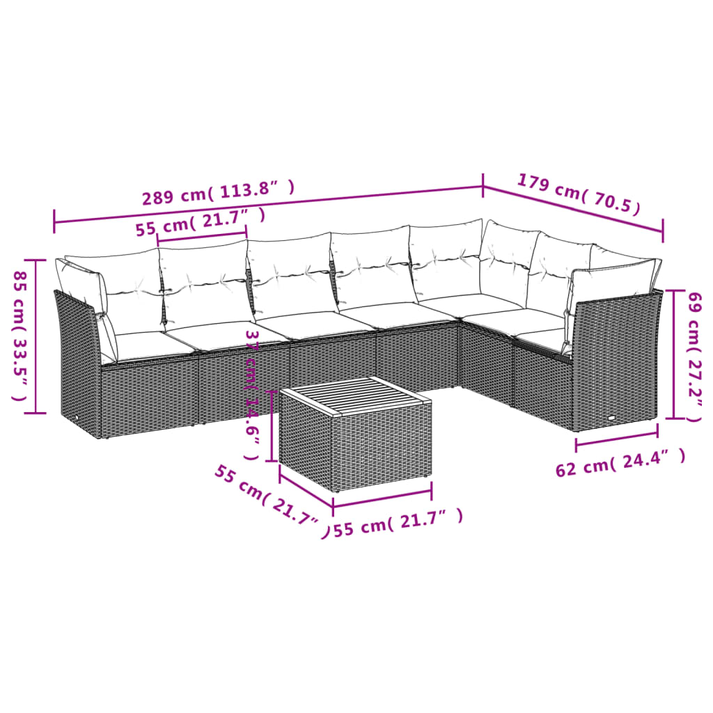 8-piece garden sofa set with cushions, black poly rattan