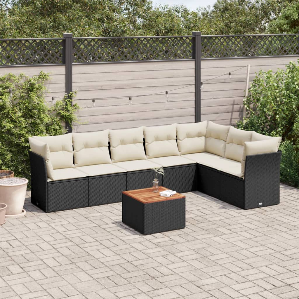 8-piece garden sofa set with cushions, black poly rattan