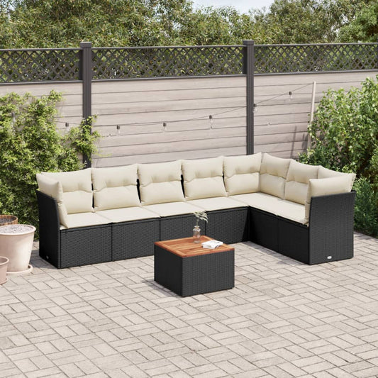 8-piece garden sofa set with cushions, black poly rattan