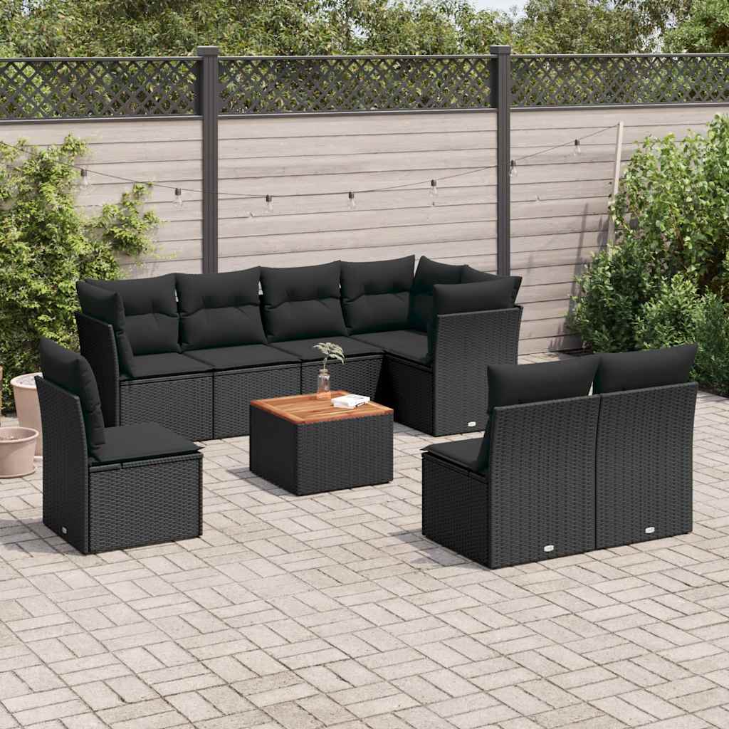 9-tlg. Garten-Sofagarnitur mit Kissen Schwarz Poly Rattan