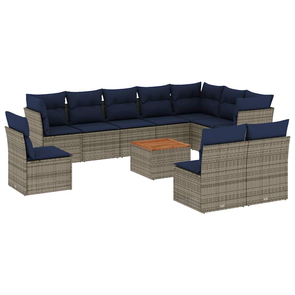 11-tlg. Garten-Sofagarnitur mit Kissen Grau Poly Rattan
