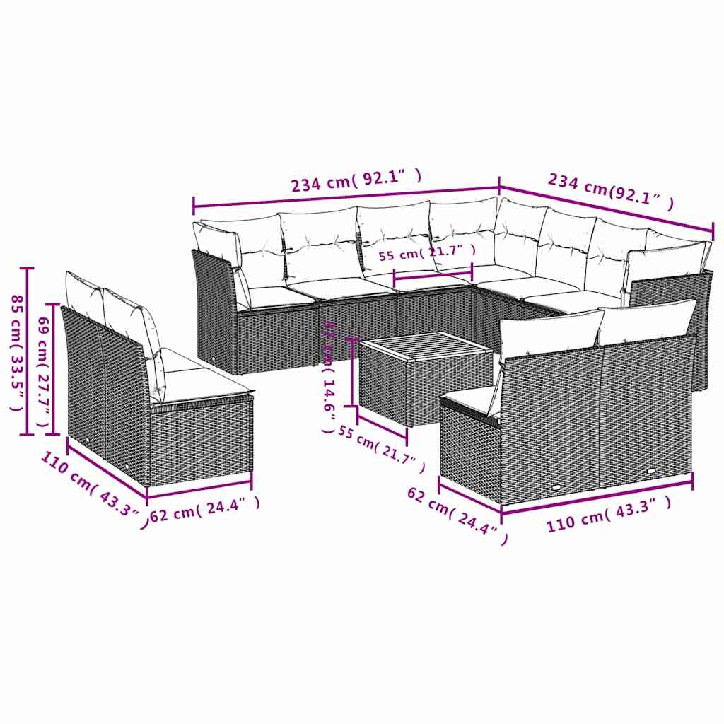 12-tlg. Garten-Sofagarnitur mit Kissen Schwarz Poly Rattan