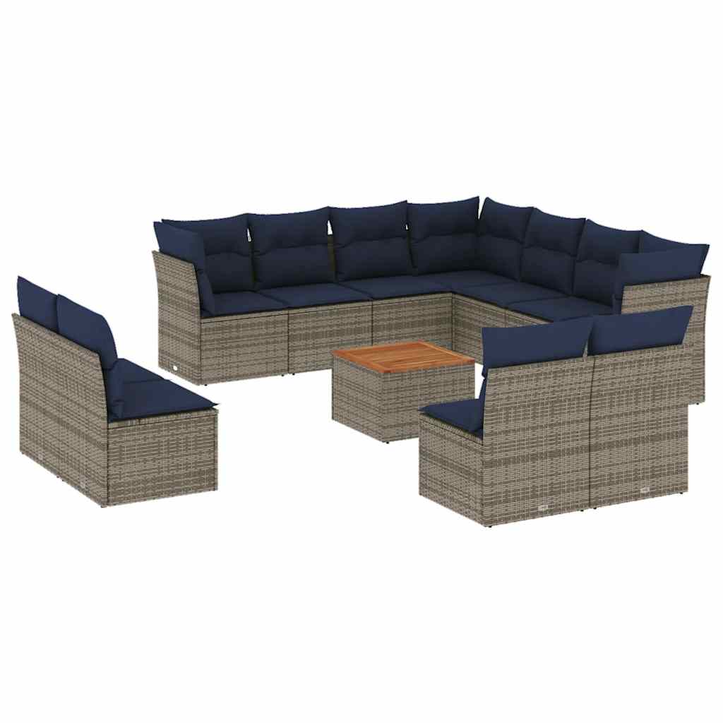 12-tlg. Garten-Sofagarnitur mit Kissen Grau Poly Rattan