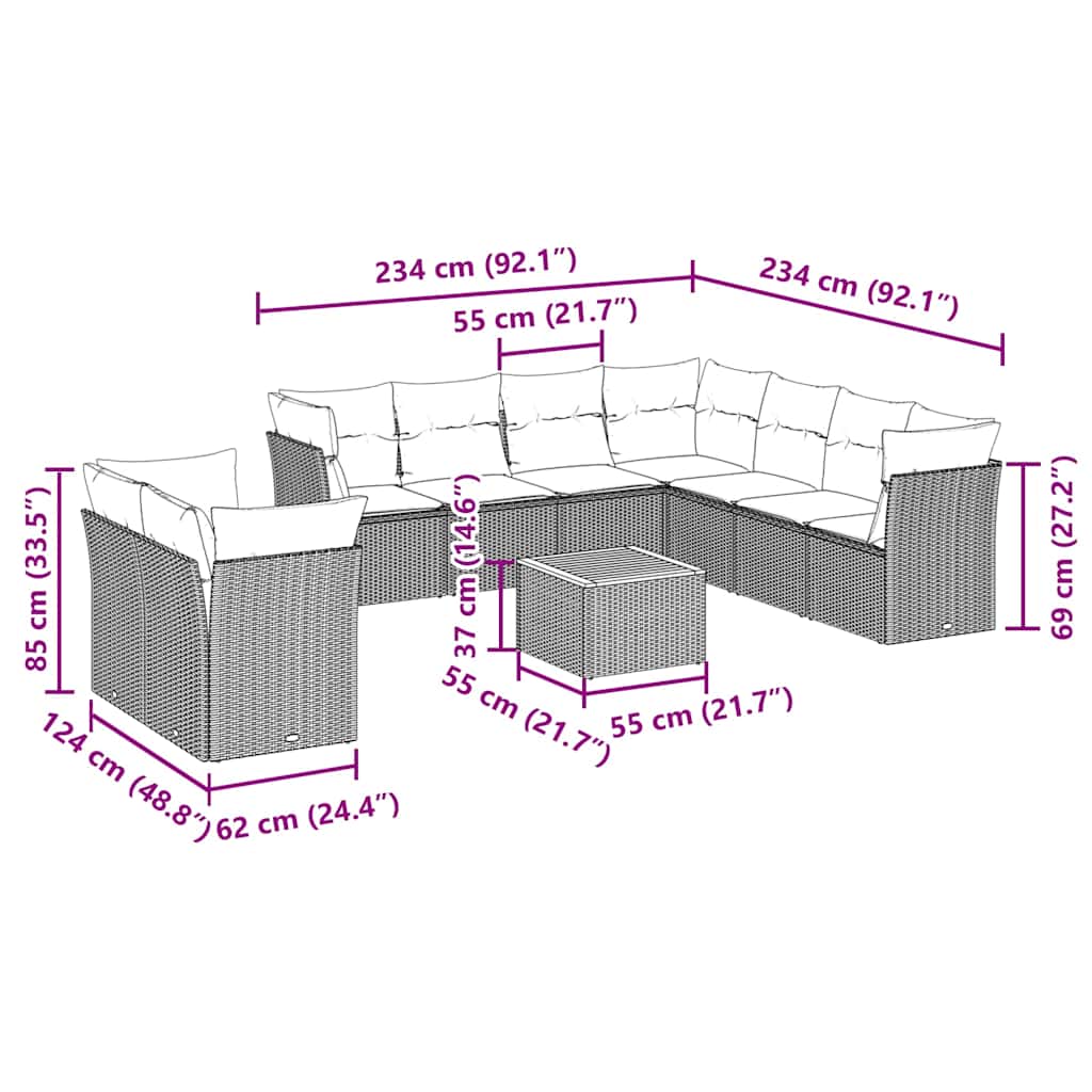 11-tlg. Garten-Sofagarnitur mit Kissen Schwarz Poly Rattan