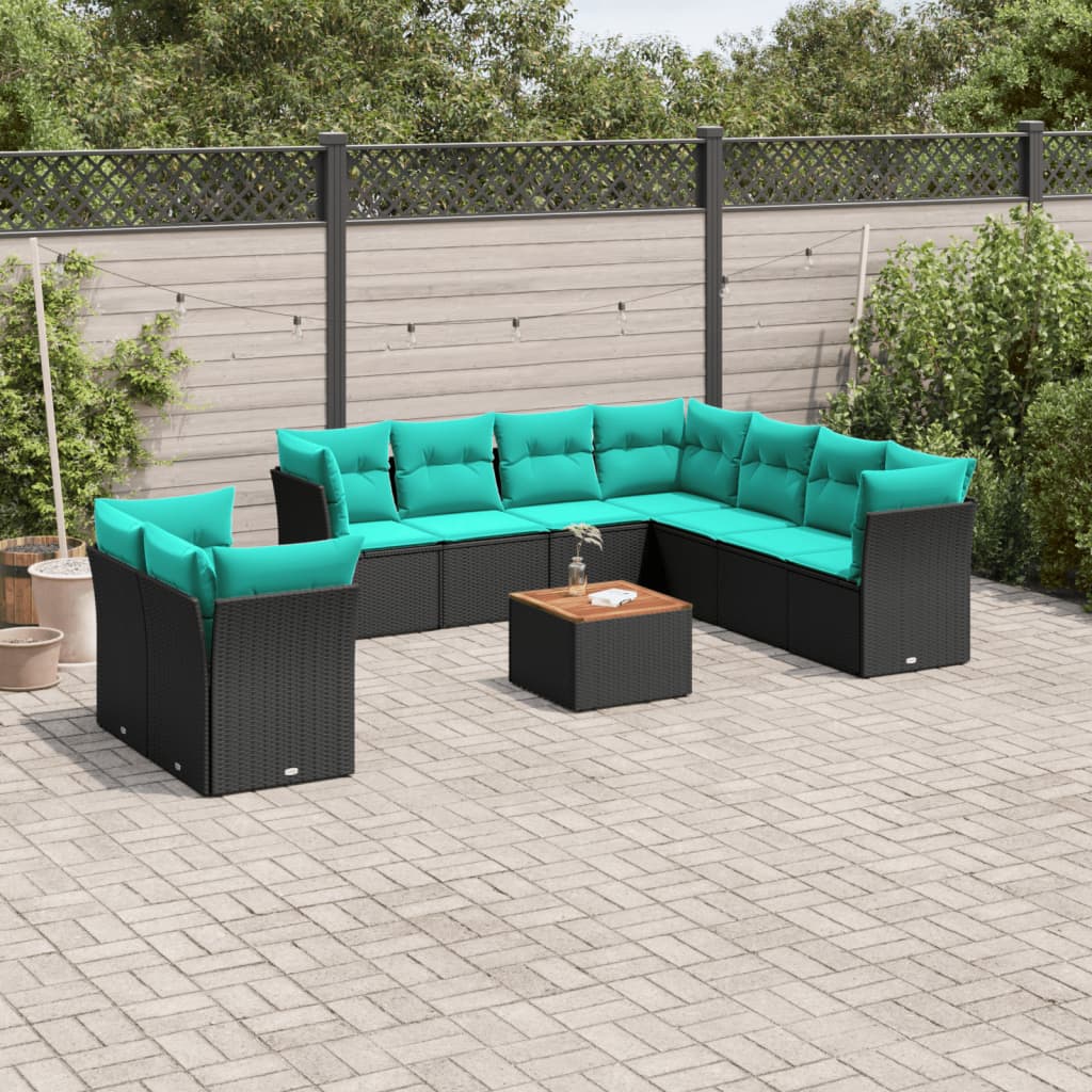 11-tlg. Garten-Sofagarnitur mit Kissen Schwarz Poly Rattan