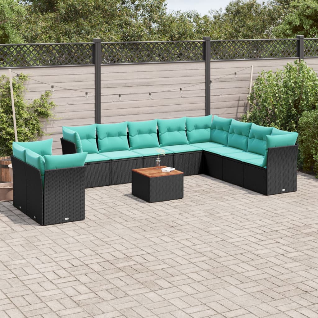 11-tlg. Garten-Sofagarnitur mit Kissen Schwarz Poly Rattan