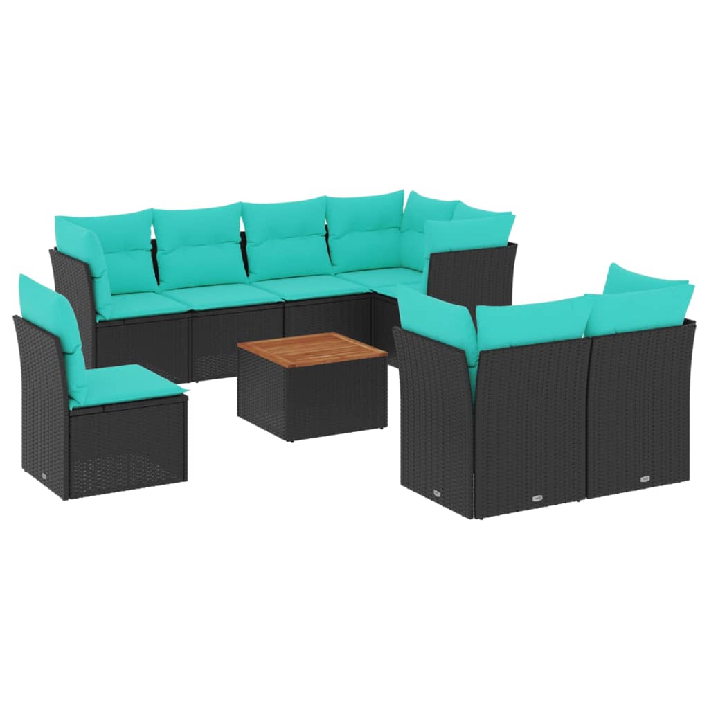 9-tlg. Garten-Sofagarnitur mit Kissen Schwarz Poly Rattan