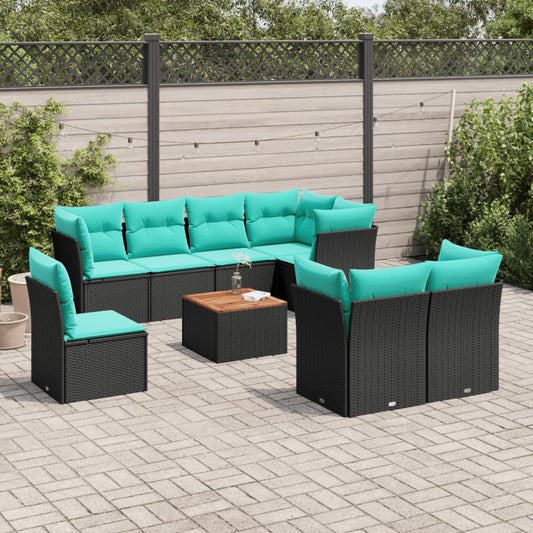 9-tlg. Garten-Sofagarnitur mit Kissen Schwarz Poly Rattan