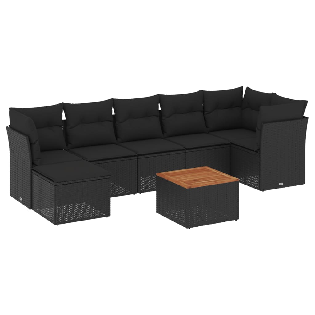 8-piece garden sofa set with cushions, black poly rattan