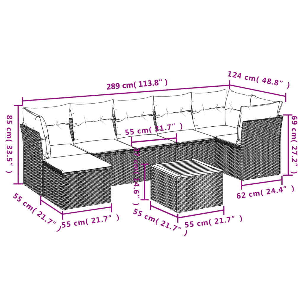 8-piece garden sofa set with cushions, black poly rattan