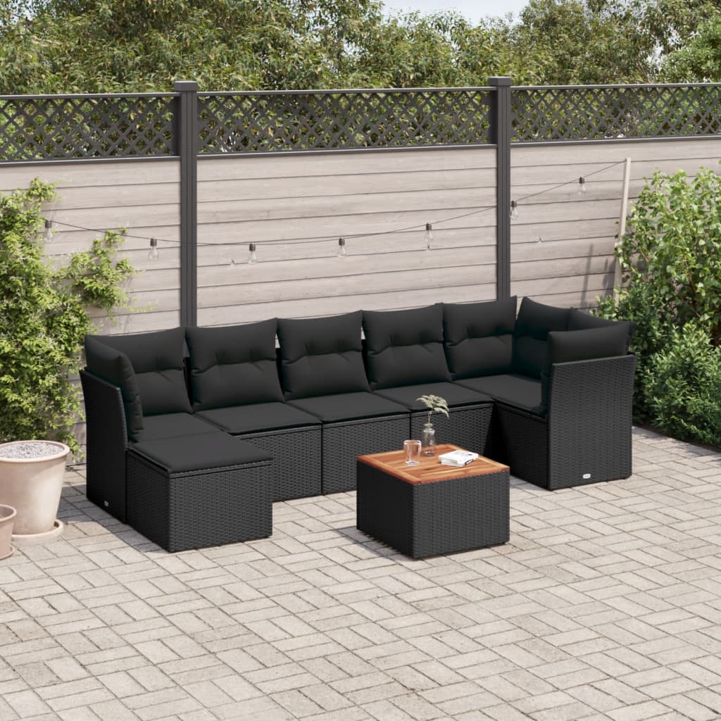 8-piece garden sofa set with cushions, black poly rattan