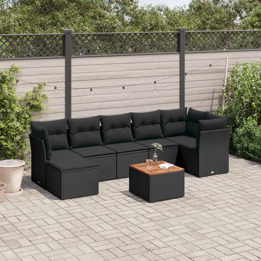 8-piece garden sofa set with cushions, black poly rattan