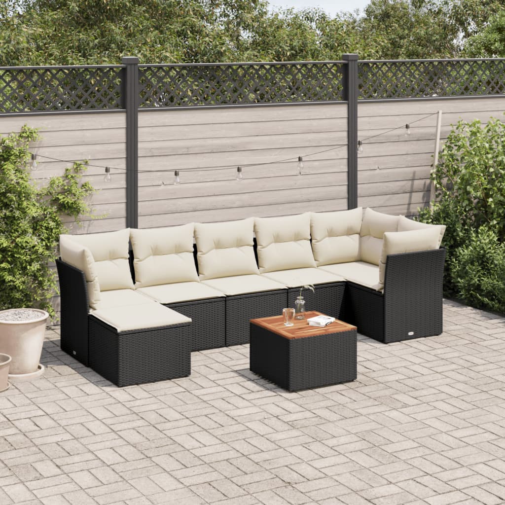 8-piece garden sofa set with cushions, black poly rattan