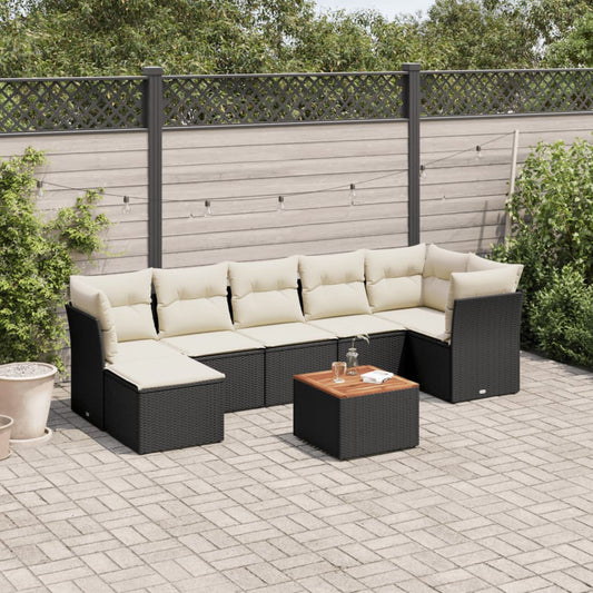 8-piece garden sofa set with cushions, black poly rattan