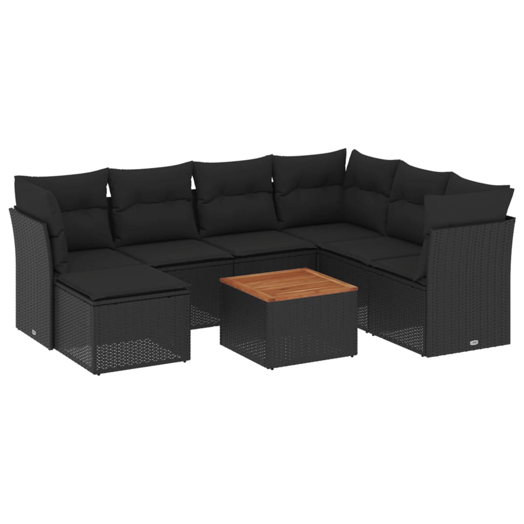 8-piece garden sofa set with cushions, black poly rattan