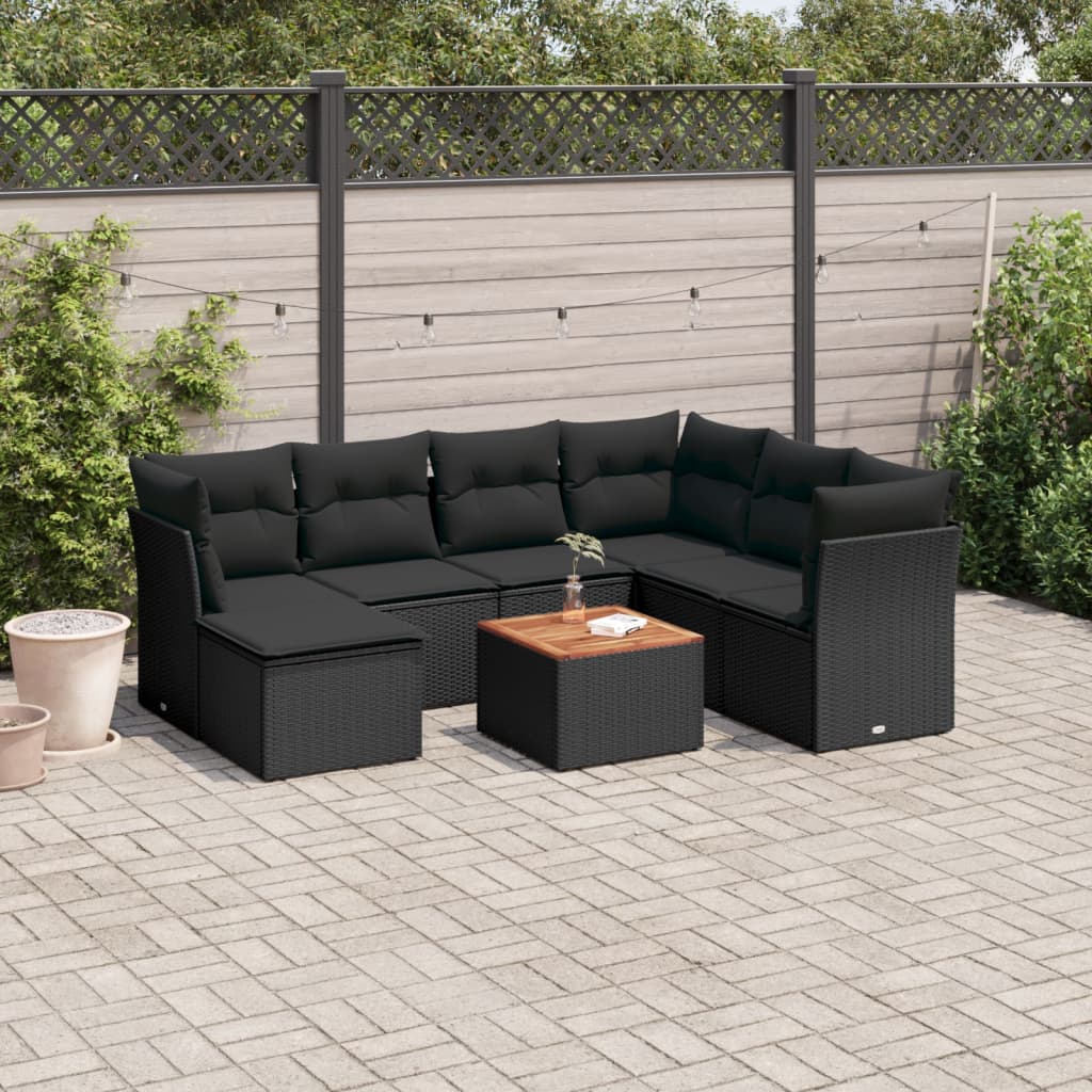 8-piece garden sofa set with cushions, black poly rattan