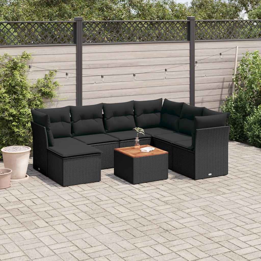 8-tlg. Garten-Sofagarnitur mit Kissen Schwarz Poly Rattan