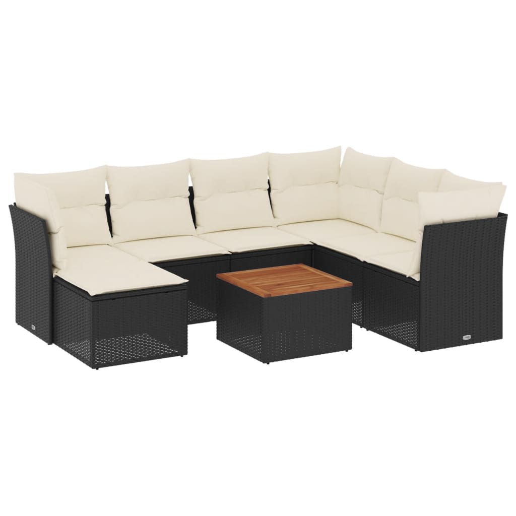 8-piece garden sofa set with cushions, black poly rattan