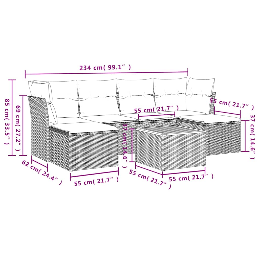 7-tlg. Garten-Sofagarnitur mit Kissen Schwarz Poly Rattan
