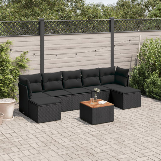 8-piece garden sofa set with cushions, black poly rattan