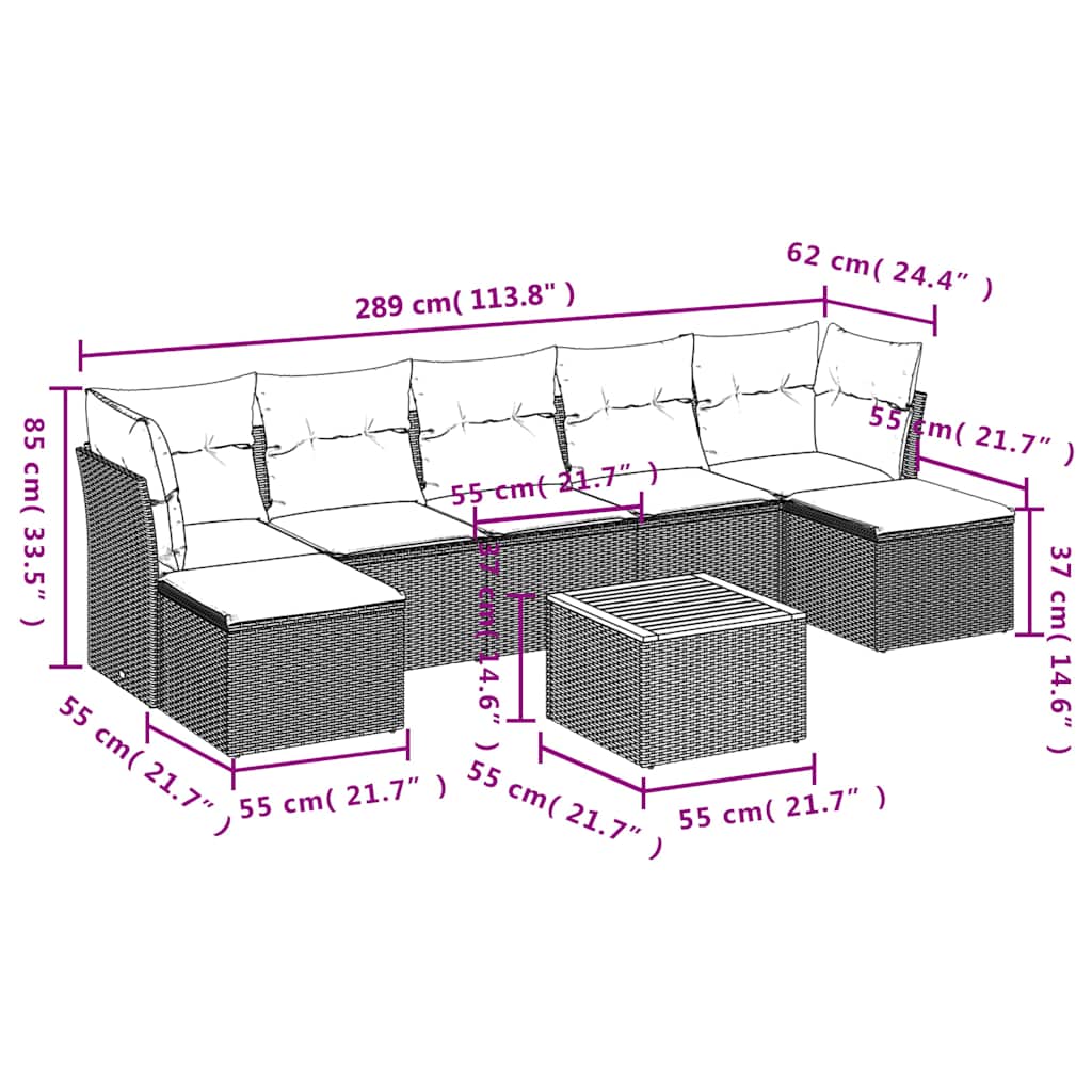 8-teiliges Gartensofa-Set mit Kissen, grau, Polyrattan
