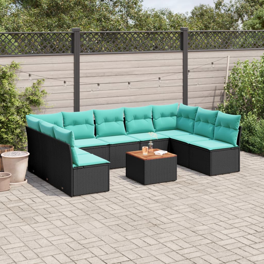 10-tlg. Garten-Sofagarnitur mit Kissen Schwarz Poly Rattan