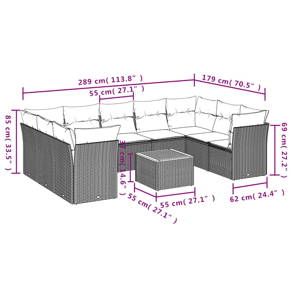 10-tlg. Garten-Sofagarnitur mit Kissen Grau Poly Rattan