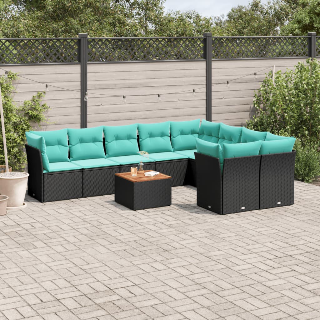10-tlg. Garten-Sofagarnitur mit Kissen Schwarz Poly Rattan