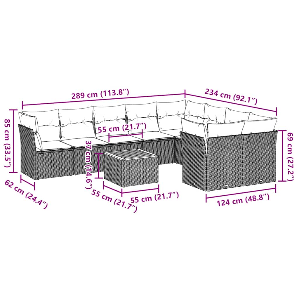 10-tlg. Garten-Sofagarnitur mit Kissen Grau Poly Rattan