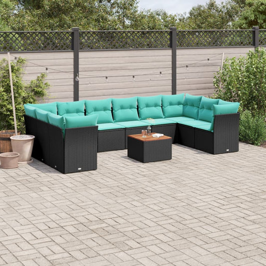 11-tlg. Garten-Sofagarnitur mit Kissen Schwarz Poly Rattan
