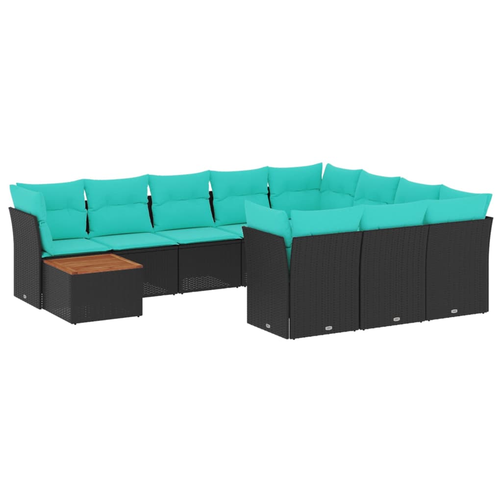 11-tlg. Garten-Sofagarnitur mit Kissen Schwarz Poly Rattan
