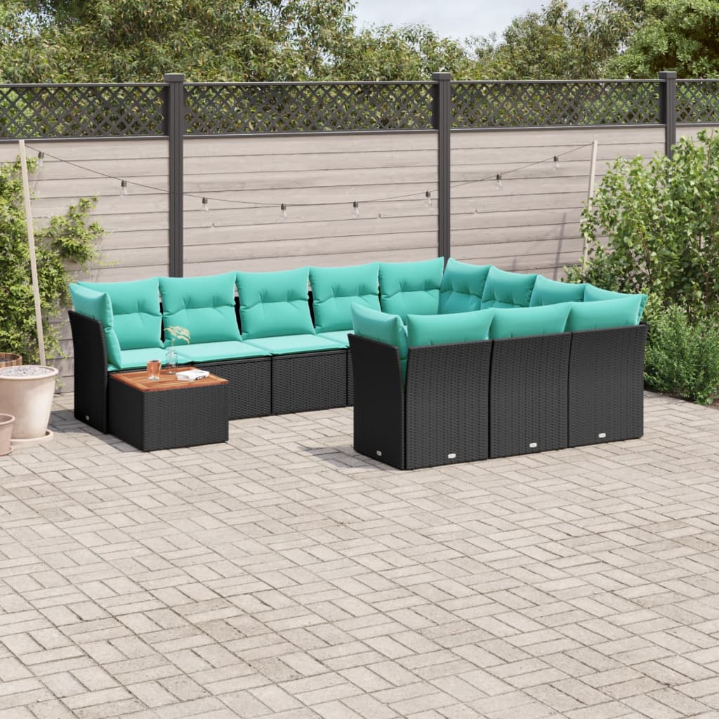11-tlg. Garten-Sofagarnitur mit Kissen Schwarz Poly Rattan