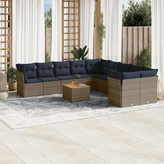 11-tlg. Garten-Sofagarnitur mit Kissen Grau Poly Rattan