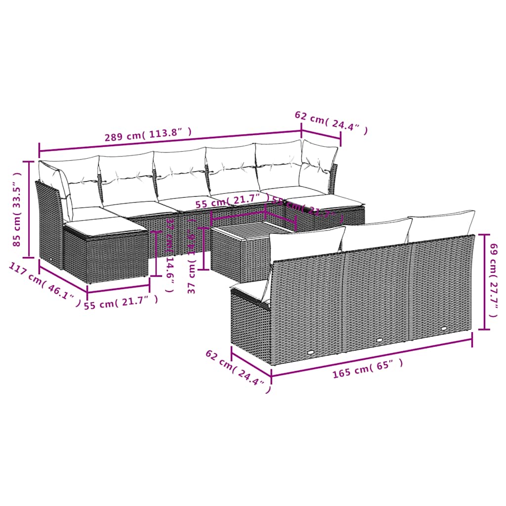 11-tlg. Garten-Sofagarnitur mit Kissen Schwarz Poly Rattan