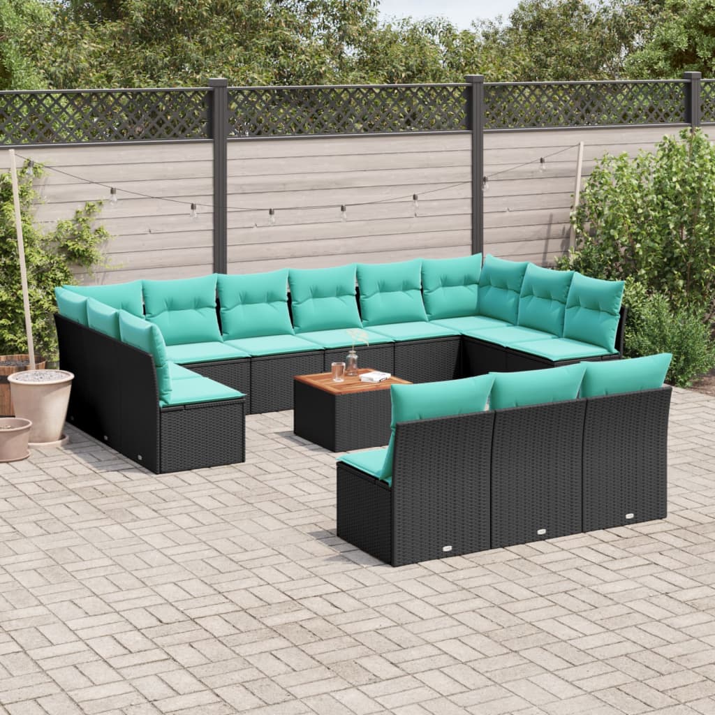 14-tlg. Garten-Sofagarnitur mit Kissen Schwarz Poly Rattan