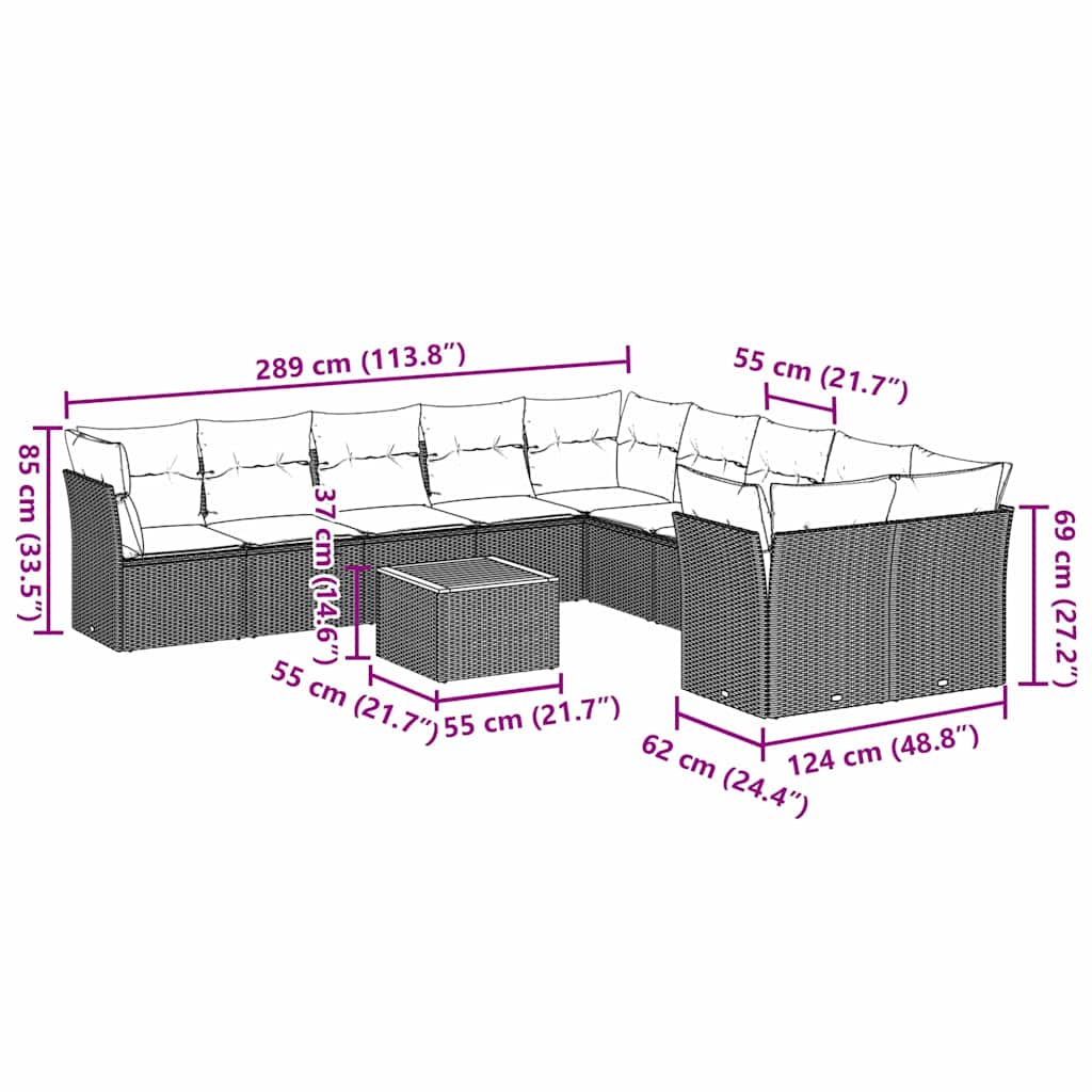 12-tlg. Garten-Sofagarnitur mit Kissen Grau Poly Rattan