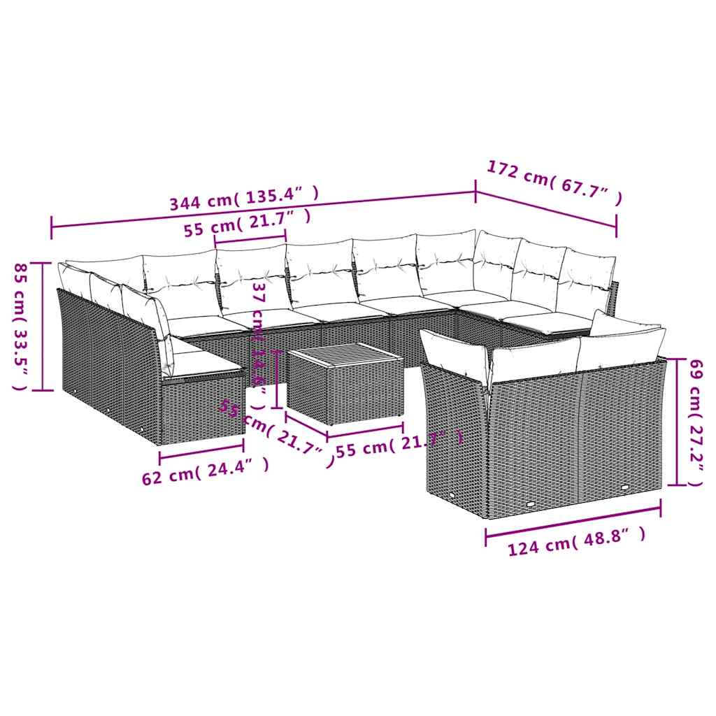 13-tlg. Garten-Sofagarnitur mit Kissen Grau Poly Rattan