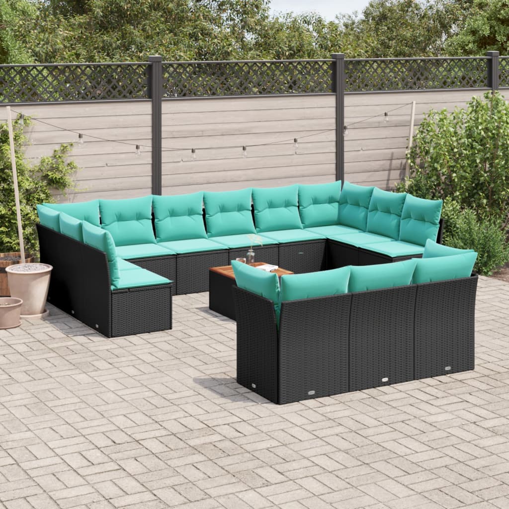 14-tlg. Garten-Sofagarnitur mit Kissen Schwarz Poly Rattan
