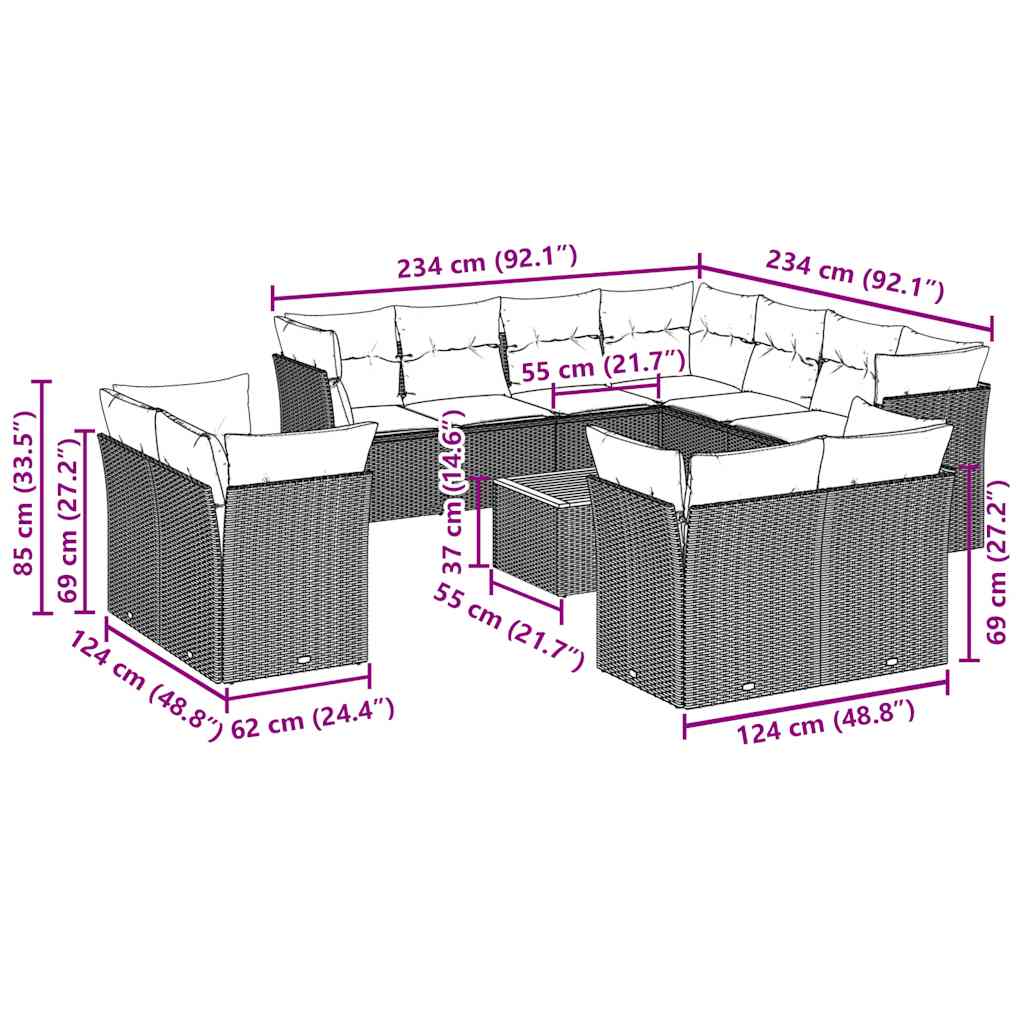 12-tlg. Garten-Sofagarnitur mit Kissen Schwarz Poly Rattan