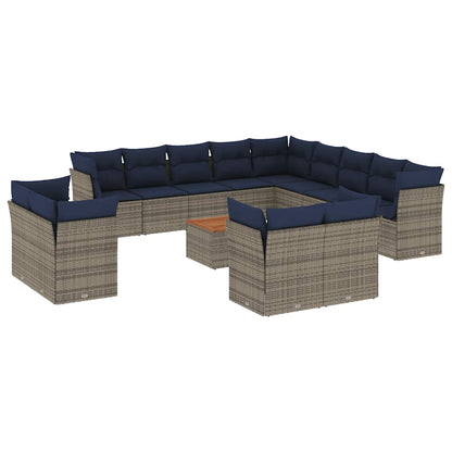 14-tlg. Garten-Sofagarnitur mit Kissen Grau Poly Rattan