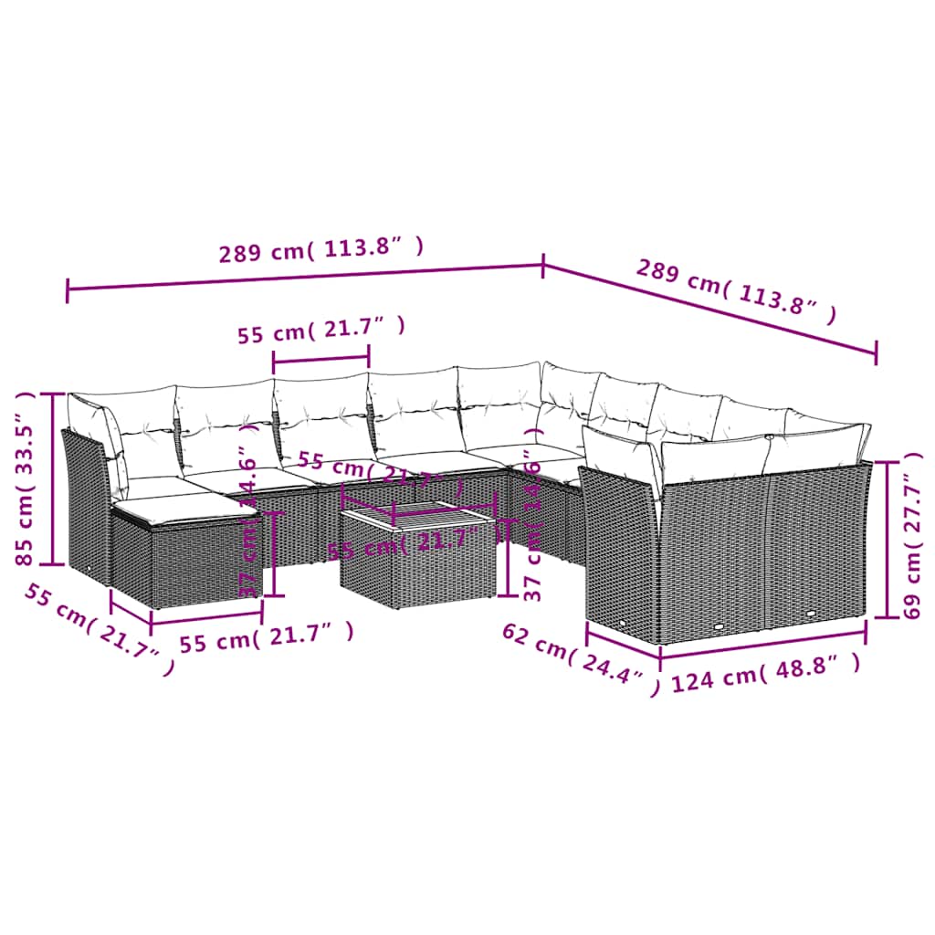 12-teiliges Gartensofa-Set mit Kissen, grau, Polyrattan