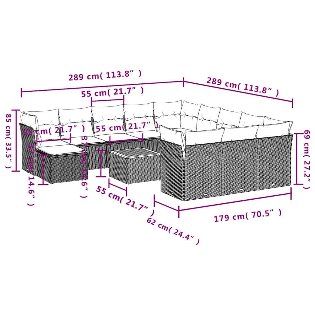 13-tlg. Garten-Sofagarnitur mit Kissen Schwarz Poly Rattan