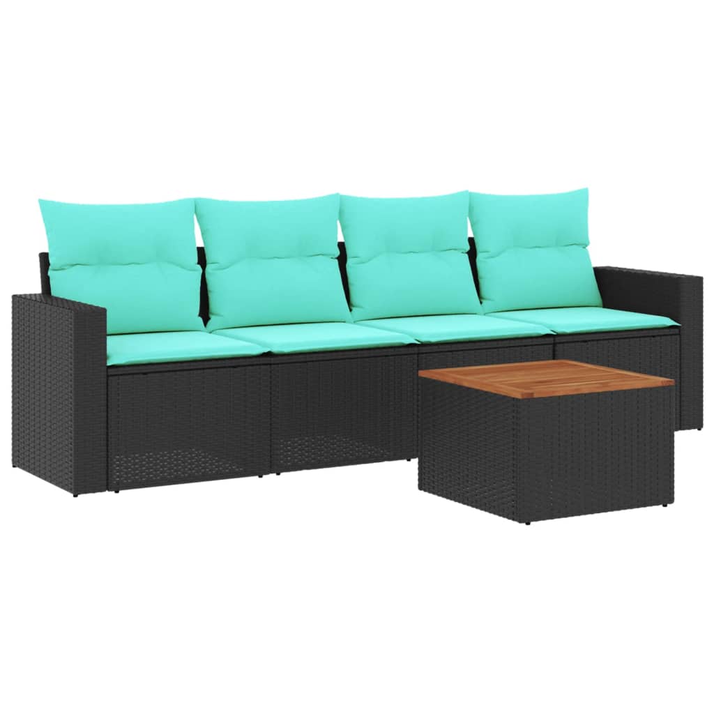 5-tlg. Garten-Sofagarnitur mit Kissen Schwarz Poly Rattan