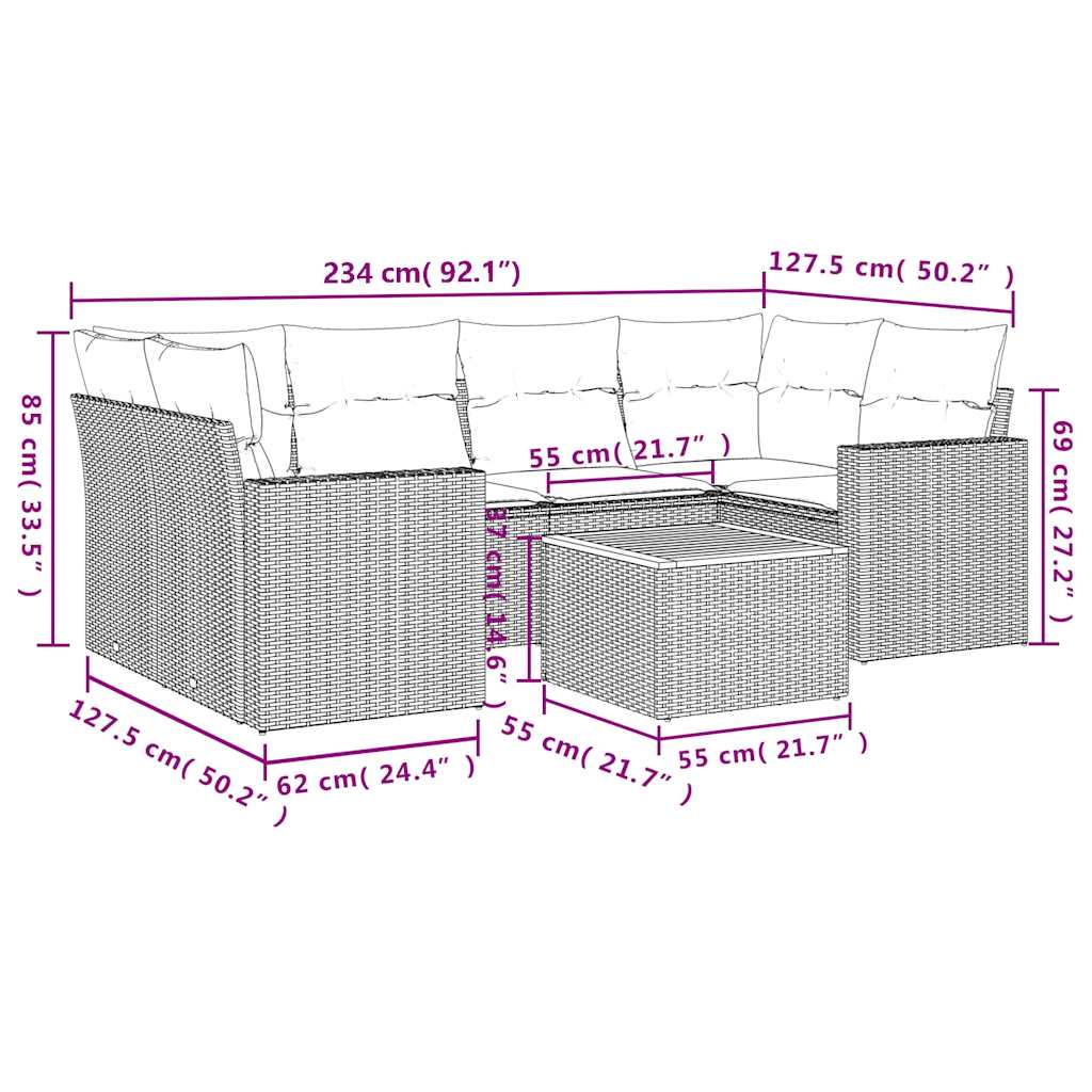 7-tlg. Garten-Sofagarnitur mit Kissen Schwarz Poly Rattan
