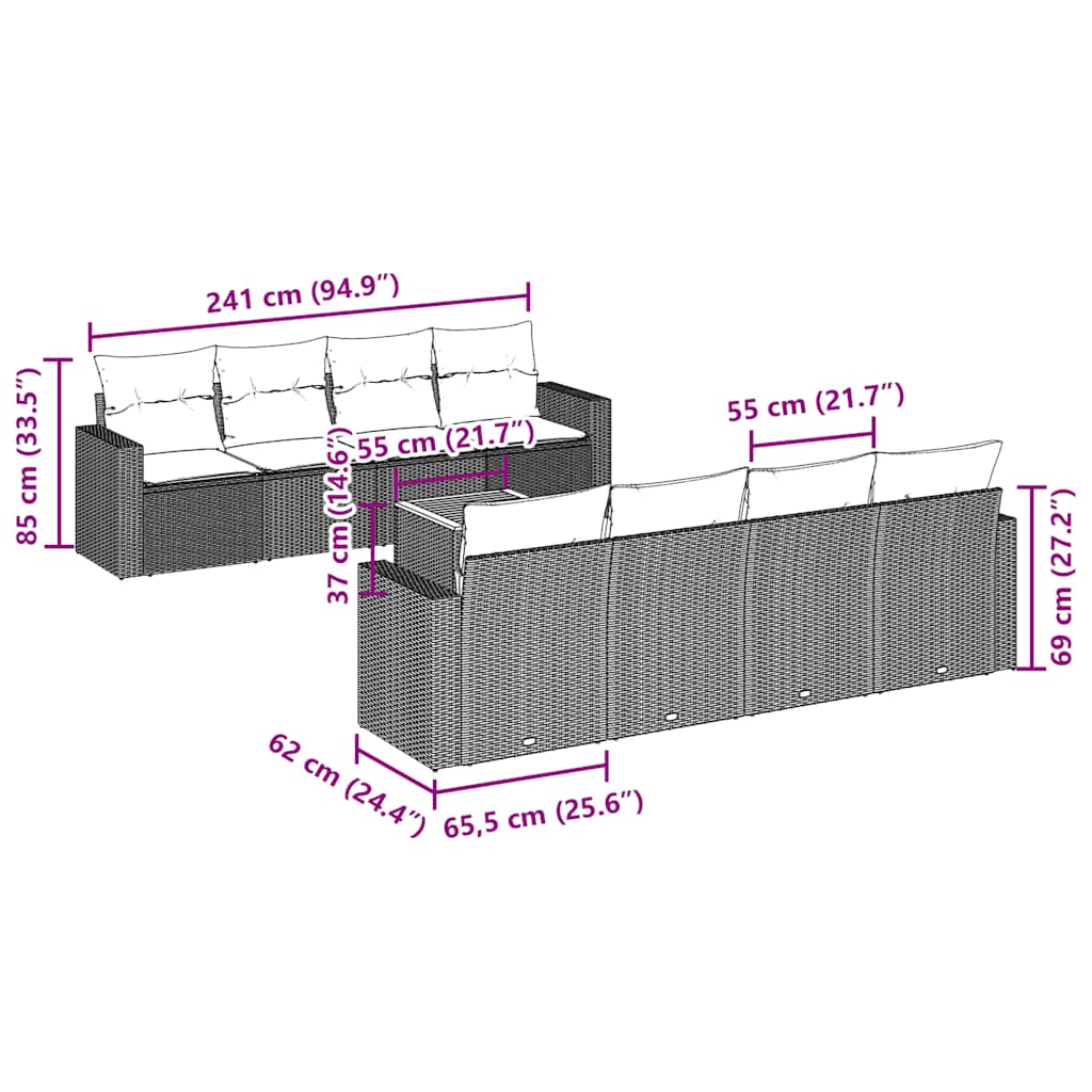 9-tlg. Garten-Sofagarnitur mit Kissen Schwarz Poly Rattan
