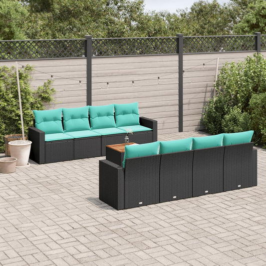 9-tlg. Garten-Sofagarnitur mit Kissen Schwarz Poly Rattan
