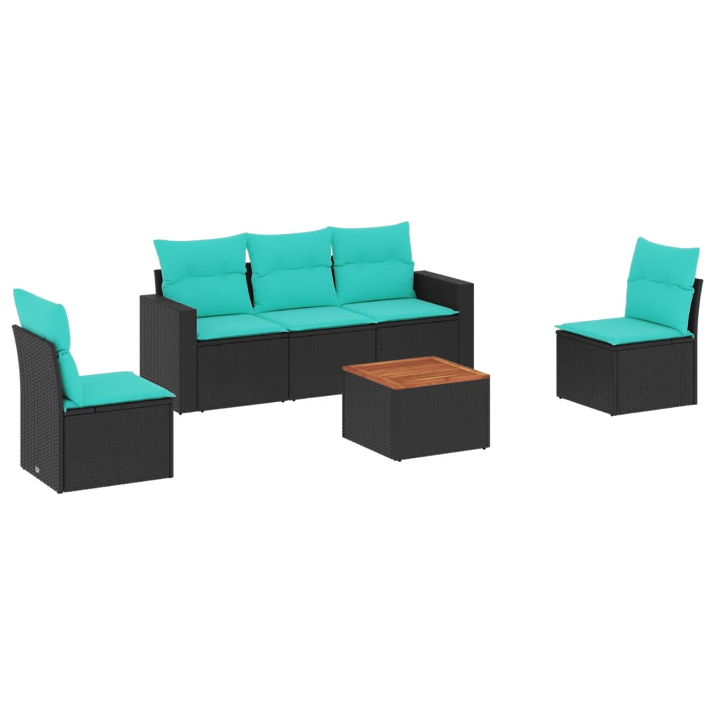 6-tlg. Garten-Sofagarnitur mit Kissen Schwarz Poly Rattan