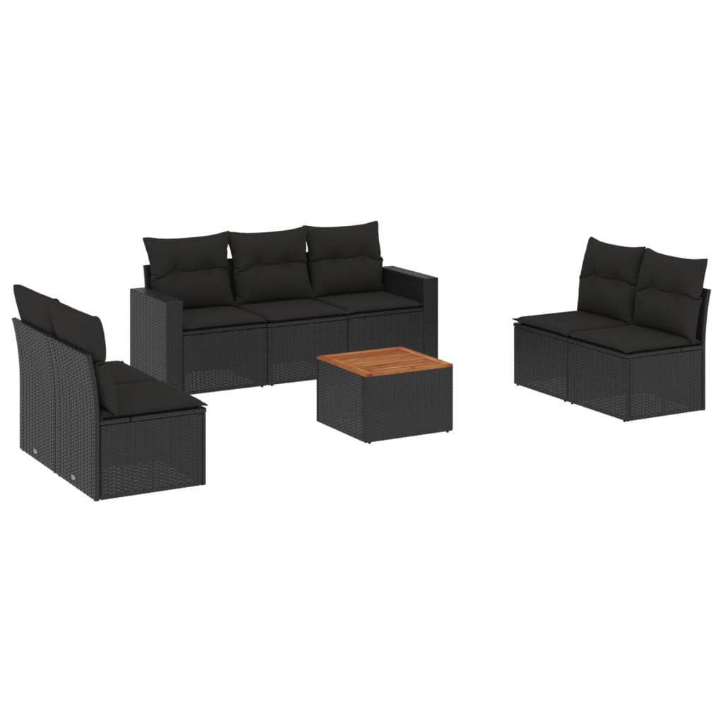 8-piece garden sofa set with cushions, black poly rattan