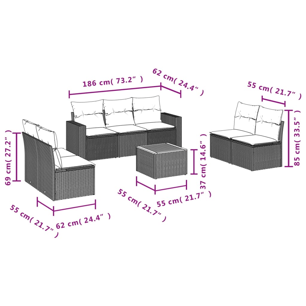 8-piece garden sofa set with cushions, black poly rattan